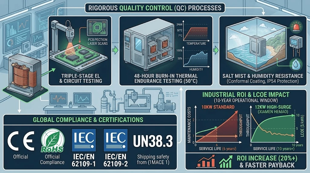 Industrial solar inverter quality control testing process, compliance certifications, and 10-year LCOE ROI chart Industrial solar inverter quality control testing process, compliance certifications, and 10-year LCOE ROI chart