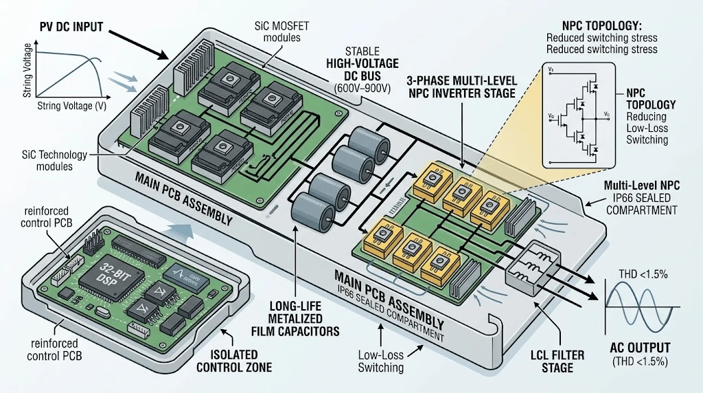 Inside the High-Efficiency SiC Solar Inverter with 3-Phase Multi-Level NPC Design Inside the High-Efficiency SiC Solar Inverter with 3-Phase Multi-Level NPC Design