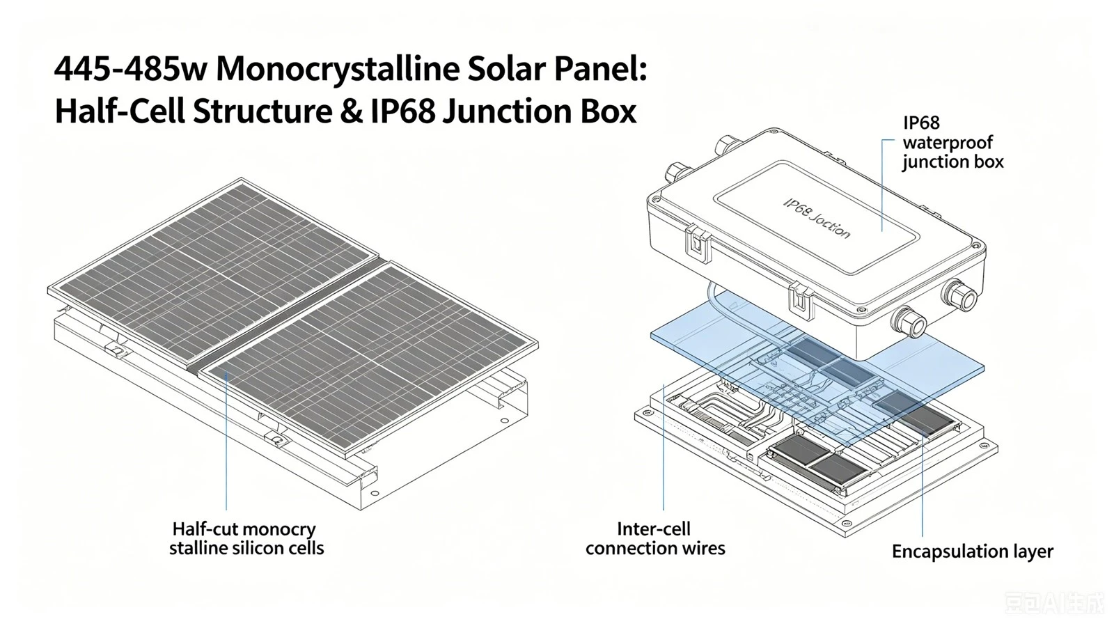 445-485w monocrystalline solar panel half-cell structure and IP68 junction box 445-485w monocrystalline solar panel half-cell structure and IP68 junction box